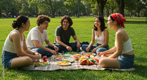 Friends sitting on a picnic blanket with plastic plates of pasta salad