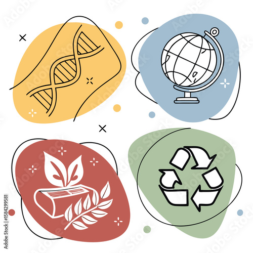 Science and environment icons dna globe recycle for education graphics