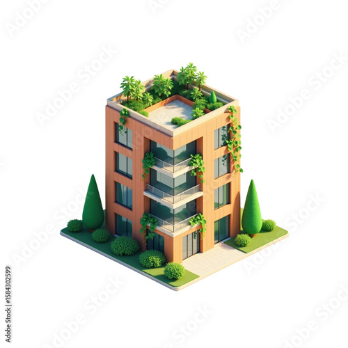 3D Isometric Modern Apartment Building with Green Roof Illustration
