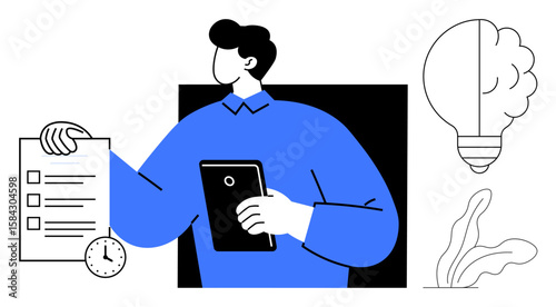 Man holding tablet and checklist with clock and lightbulb. Ideal for productivity, planning, time management, innovation, organization, goal setting, motivation. Clean simple flat metaphor