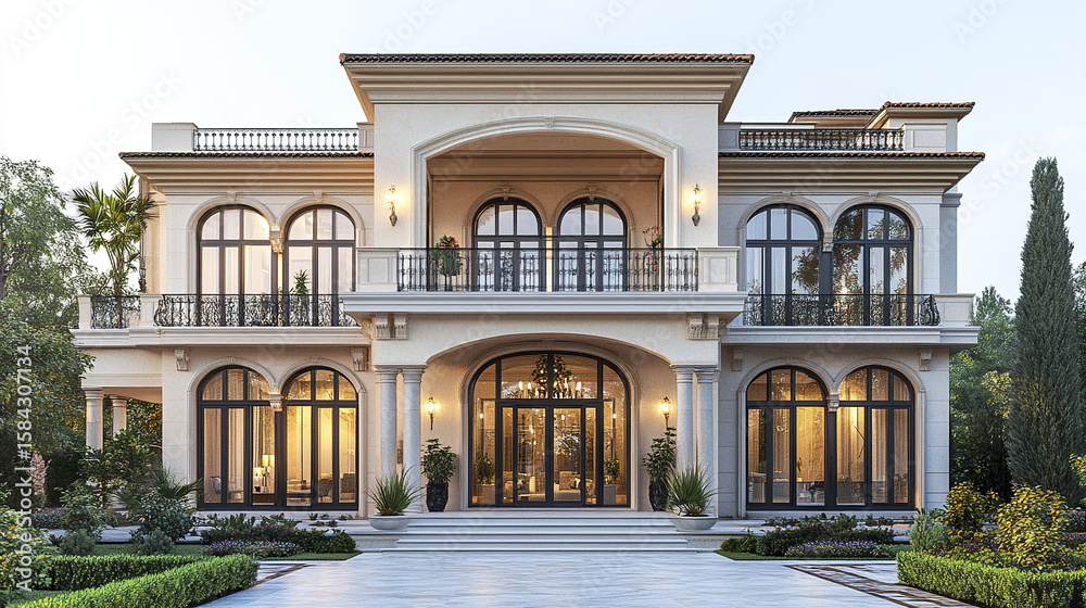 Fototapeta premium Luxury modern house with large arched windows and elegant balcony surrounded by lush garden and trees, showcasing warm interior lighting and classic architectural details
