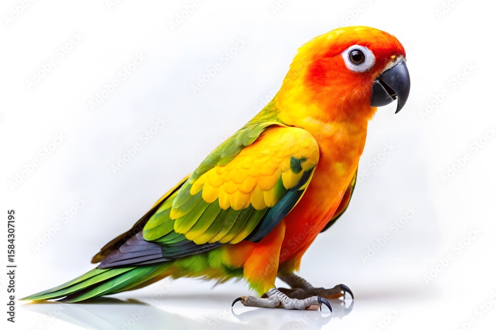 Obraz premium A vibrant sun conure parrot displays its stunning plumage of orange yellow and green feathers against a clean white background