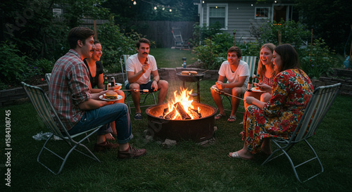 Group of friends sitting on folding chairs around a backyard fire pit, roasting marshmallows