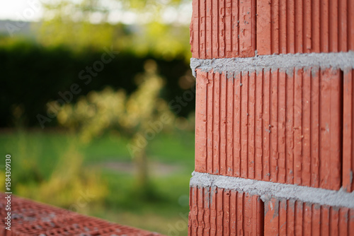 Close-up of red clay bricks and mortar with blurred green background, symbolizing connection between home and nature.