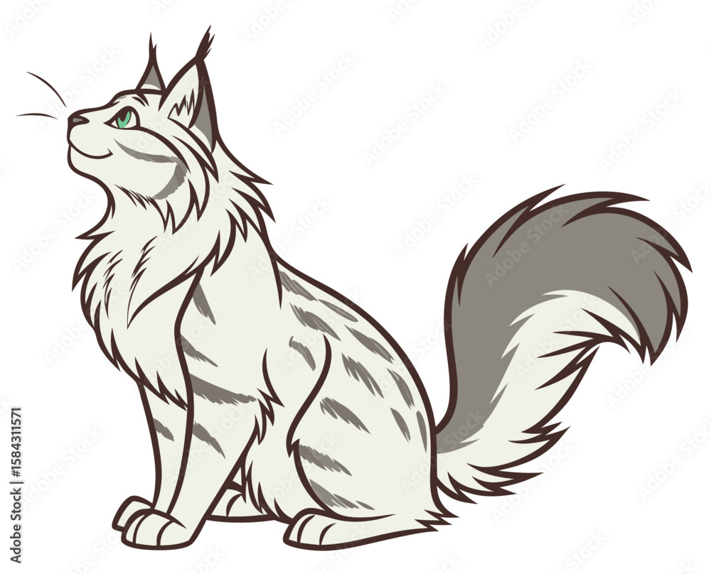 Obraz premium Maine Coon cat illustration with gray and white fur sitting gracefully, transparent background 