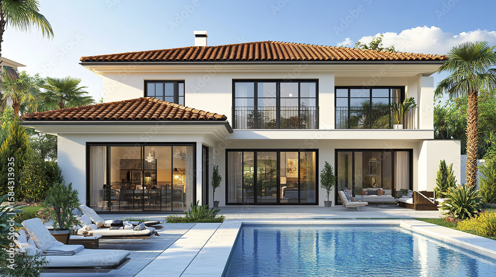 Fototapeta premium Modern house with swimming pool and outdoor lounge area surrounded by palm trees and greenery under clear blue sky, creating relaxing and luxurious atmosphere
