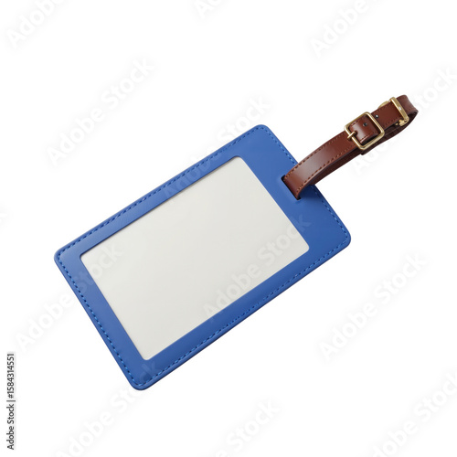 Blue Leather Luggage Tag Featuring Clear ID Window and Brown Strap for Travel Organization