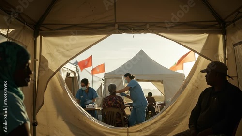Medical outreach camp provides healthcare services to diverse community members under tents