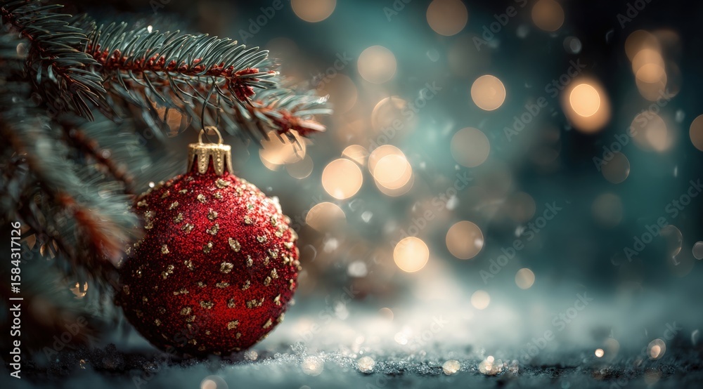 Obraz premium Red Christmas ornament hanging from green tree branch against blurred natural background in daylight.