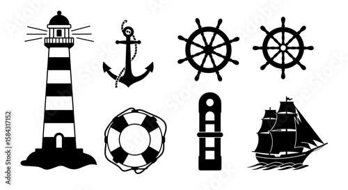 Nautical symbols including lighthouse, anchor, and ship silhouettes  