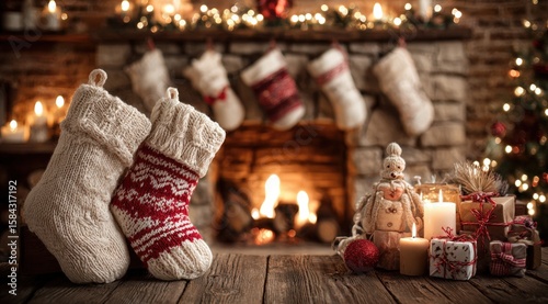 Wallpaper Mural Cozy fireplace decorated with Christmas stockings and lit candles, warm holiday ambiance indoors. Torontodigital.ca