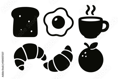 Breakfast silhouette icons including bread, coffee, and fruit  