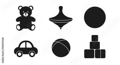 Toy silhouette icons including bear, car, ball, and blocks  