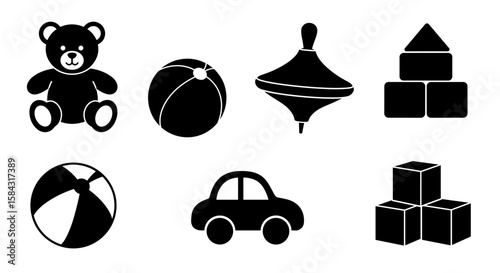 Toy silhouettes including teddy bear, ball, car, and building blocks  