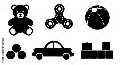 Toy icons including bear, fidget spinner, ball, and car silhouette  