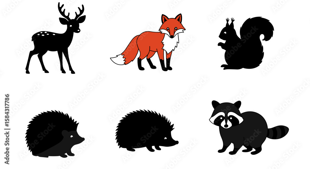 Naklejka premium Silhouette icons of forest animals including deer, fox, and raccoon