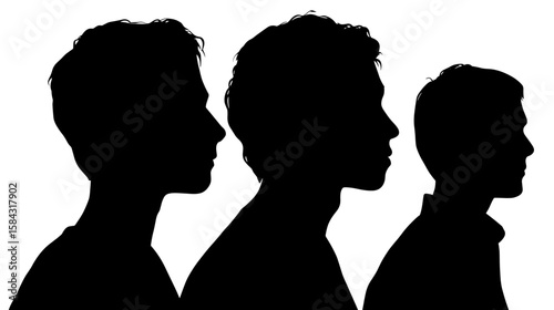 Silhouettes of three young men standing side by side on white background  