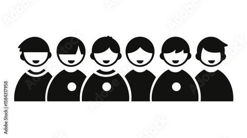 Group of six smiling cartoon characters in black silhouette style  