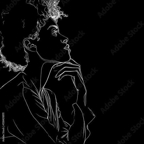 Profile of a thoughtful young woman with curly hair against black background  