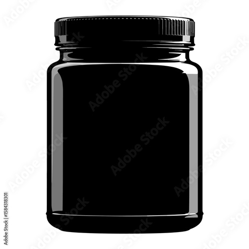 Black glass jar with lid for storage or packaging on white background  