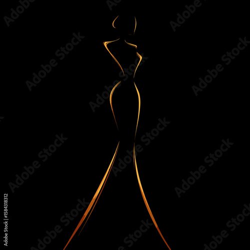 Elegant silhouette of a woman in a flowing gown against black background  