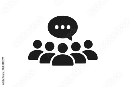 Group of people discussing with speech bubble above them  