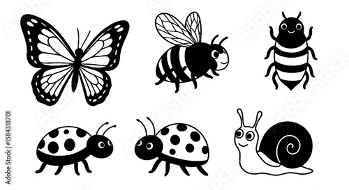 Insect silhouettes including butterfly, bee, ladybug, and snail  