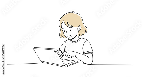 Young child using tablet and smiling at home in minimalist style  