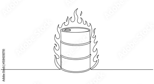 Line art of flaming oil drum on a flat surface  