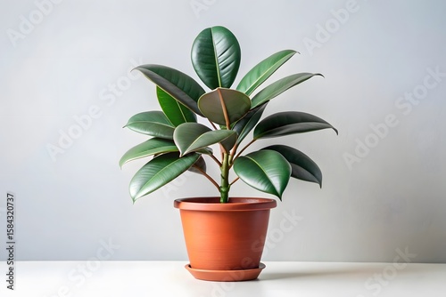 A lush ficus elastica rubber plant with dark green glossy leaves in a terracotta pot against a light gray background