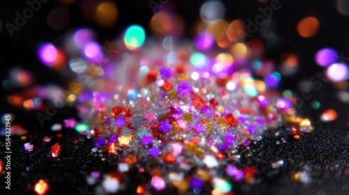 Close-up of colorful glitter scattered on a black surface with vibrant, sparkling textures.
