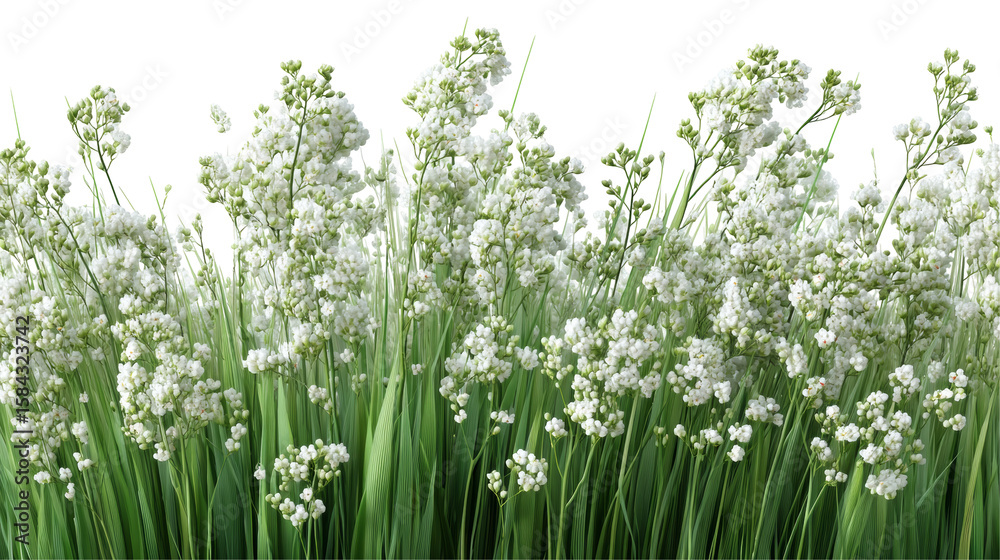 Fototapeta premium Lush Green Grass with Delicate White Flowering Stems Swaying in the Breeze
