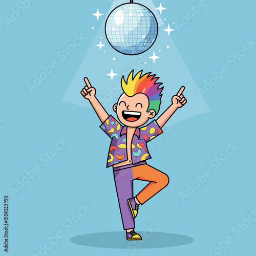 Cartoon dancer with a colorful mohawk under a disco ball, posing energetically on a blue background.
