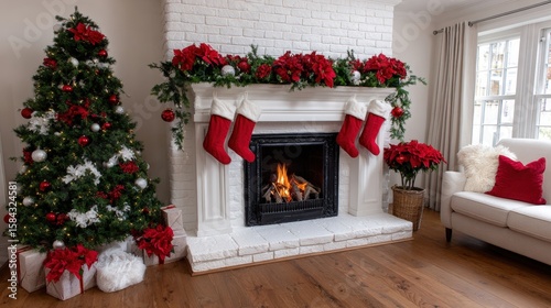 Cozy living room with a brick fireplace and red Christmas stockings hanging, warm holiday decor.