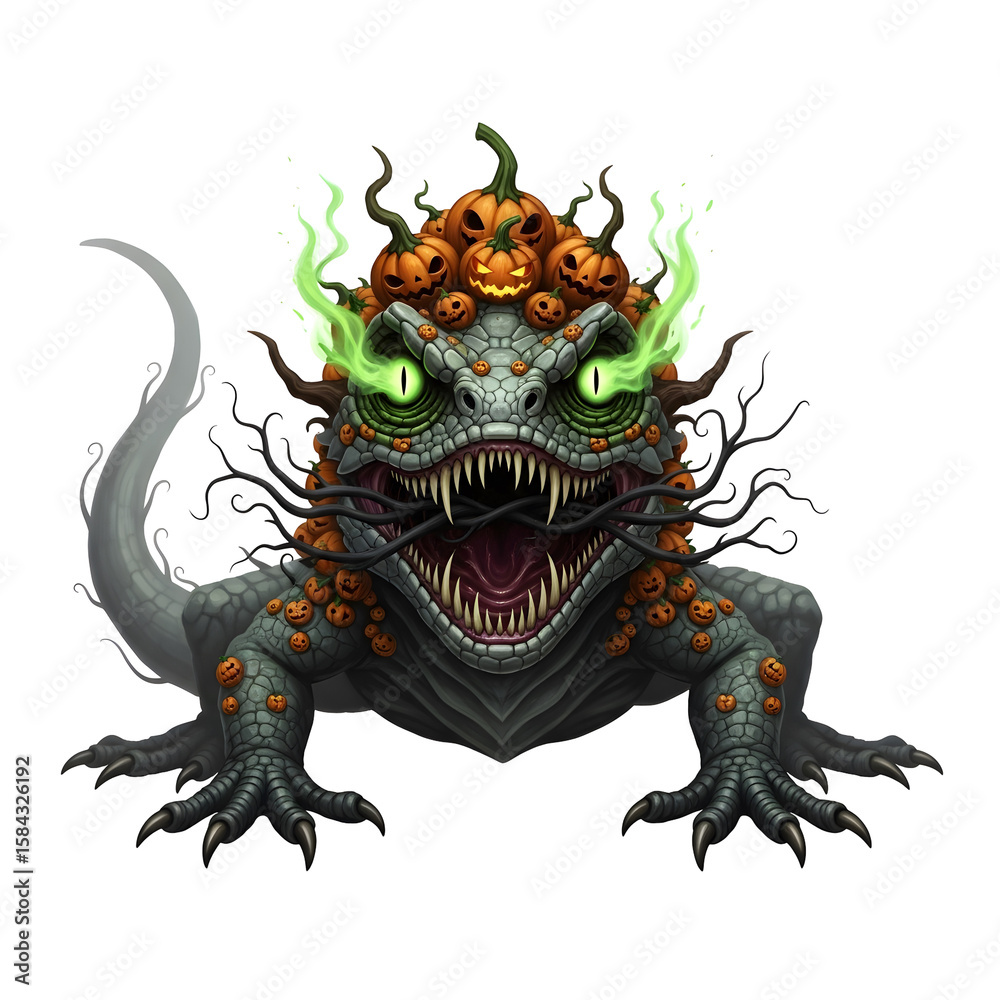 Obraz premium Pixelated illustration of a reptilian creature adorned with pumpkins and eerie green flames against a transparent background. Monster with Halloween theme.