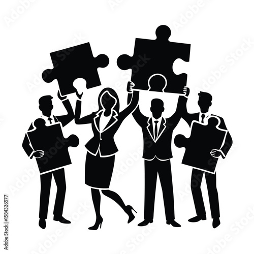 Businesspeople holding different puzzle pieces symbolizing unity teamwork solution creativity office work vector silhouette on white background