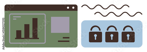 Screen with bar chart, locks ensuring protection, waves symbolizing communication. Ideal for data analytics, internet security, privacy awareness, information protection, secure networks, encryption