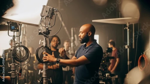 A Bald Black Man Setting Up a Professional Camera Rig in a Dimly Lit Studio