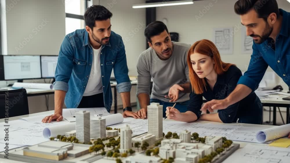 Architecture Team Reviewing Building Model and Blueprints in Modern Office Architecture Team Reviewing Building Model and Blueprints in Modern Office