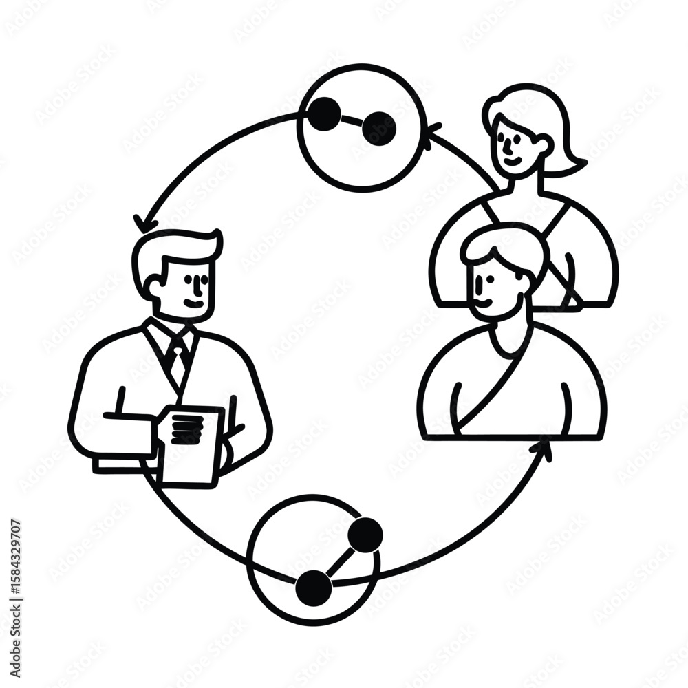 Fototapeta premium Coworkers aligning on product development stages teamwork planning innovation roadmap success office vector line art on white background