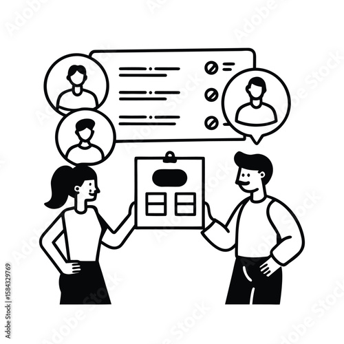 Coworkers using interactive interface to assign roles for project management and productivity planning vector line art on white background