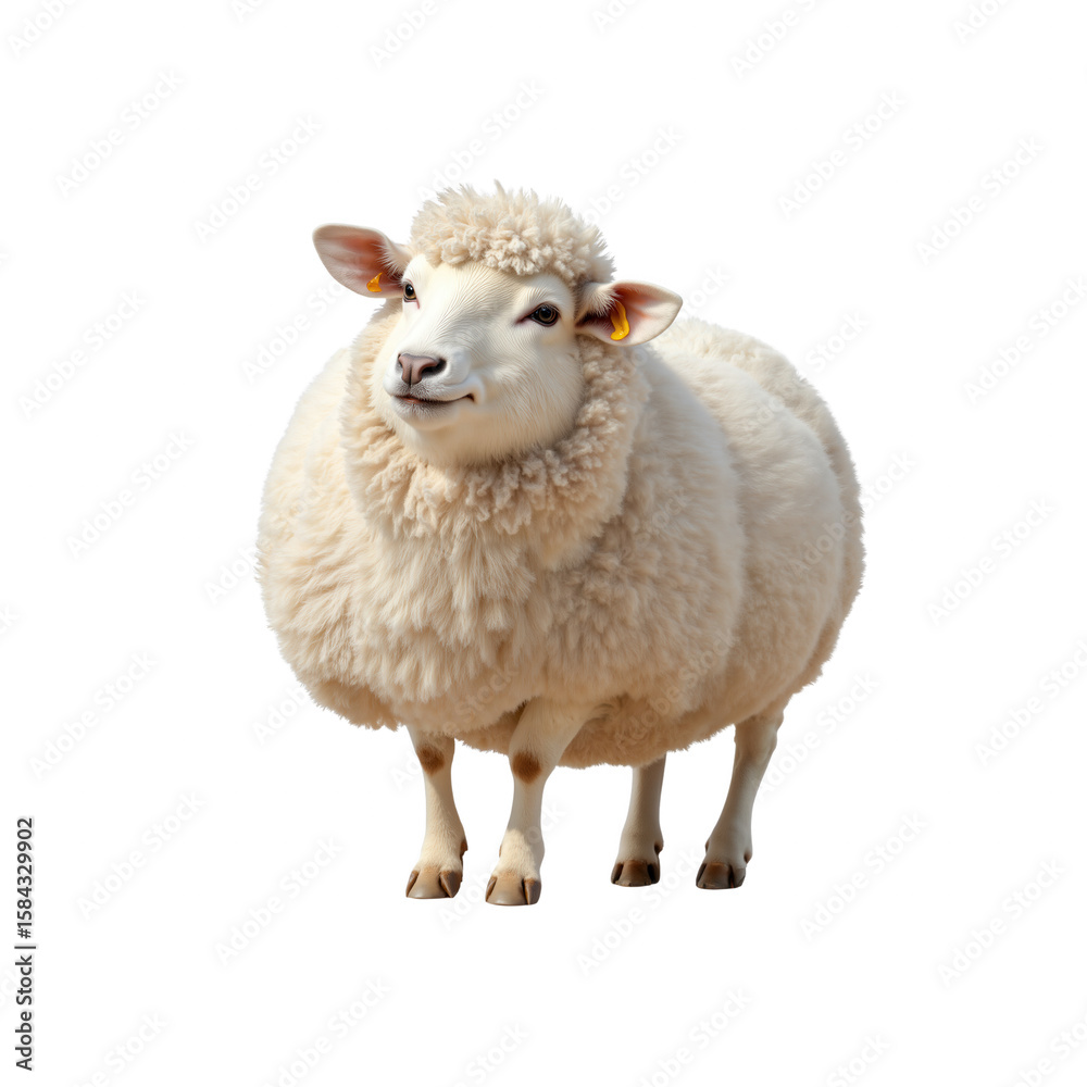 Fototapeta premium Fluffy White Sheep Stands Calm in Farm Setting with Yellow Ear Tags