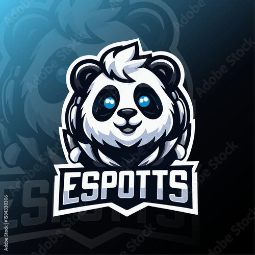 Esports logo with a bold panda mascot wearing a headset and glowing blue eyes. Features modern typography "ESPOTTS" ideal for gaming teams, streamers, or digital branding.