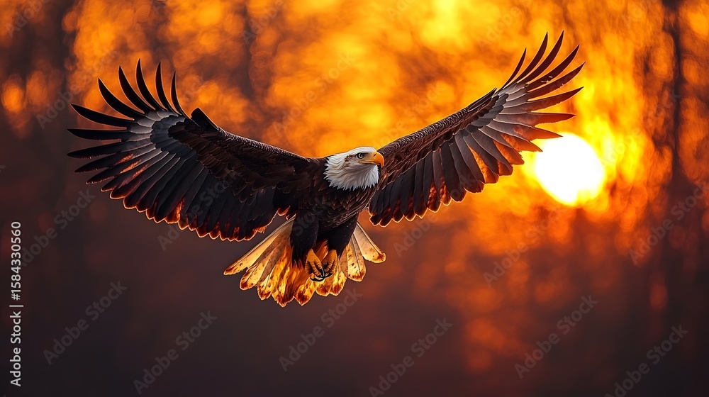 Fototapeta premium Majestic eagle silhouetted against a fiery sunset sky