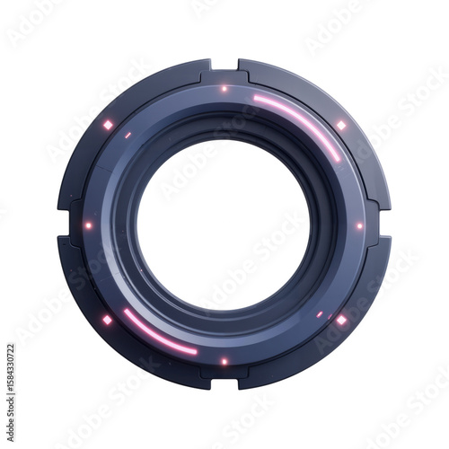 Futuristic Metallic Ring Portal Featuring Glowing Pink Neon Accents and Rotational Notches