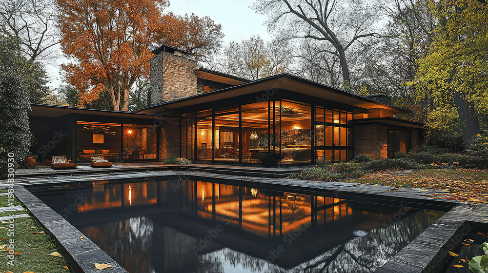 Obraz premium Modern house with patio and swimming pool at autumn evening, warm lights glowing inside, surrounded by trees with fall foliage and cozy outdoor seating