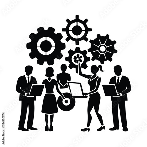 Group of professionals solving workflow bottleneck with collaborative discussion planning improvement vector silhouette on white background