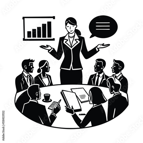 Line art of businesswoman leading team discussion in collaborative planning and strategy session vector silhouette on white background