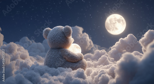 Soft Teddy Bear Hugging Moon Surrounded by Stars