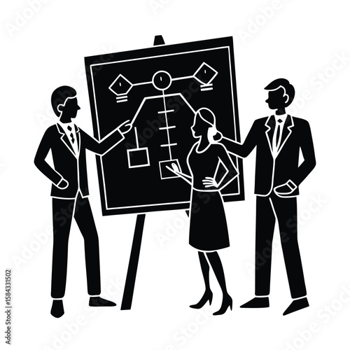 Minimalist vector of team members drawing strategy on whiteboard during office collaboration session vector silhouette on white background